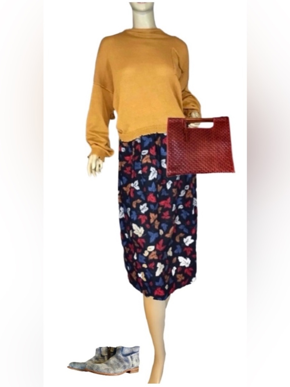 VINTAGE 1980'S BLUE & ORANGE COTTON LEAF PATTERN ELASTIC WAIST MIDI SKIRT (XL)